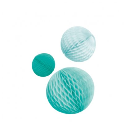 3 Honeycomb Decorations Aqua Glamor Paper 14 cm/ 18 cm / 22 cm